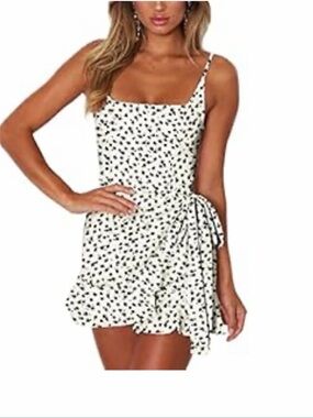 White Spotted Strappy Ruffle Mini Dress